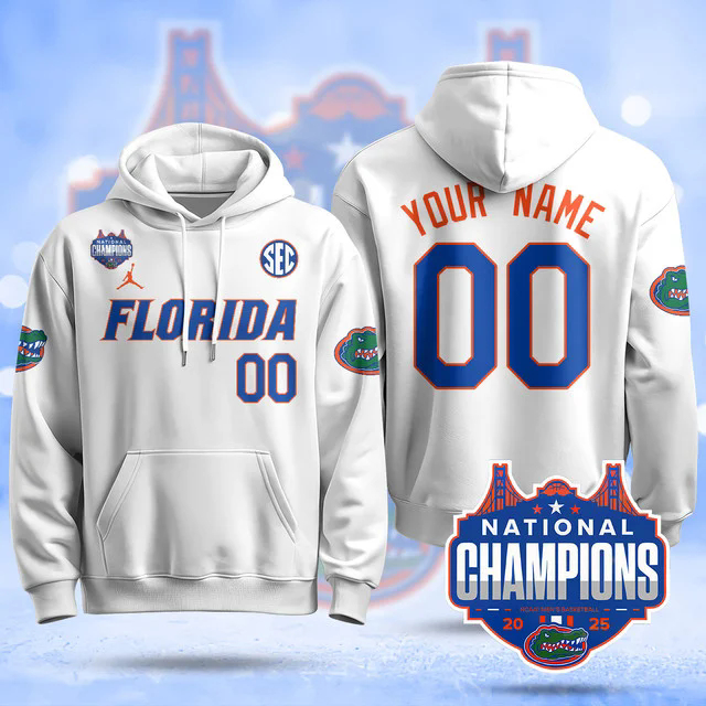 Custom NameGender Florida Gators 2025 National Champions Basketball Hoodie WHITE.webp