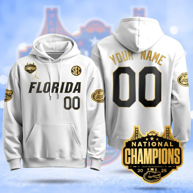 Custom NameGender Florida Gators 2025 National Champions Basketball Hoodie WHITEGOLD.webp