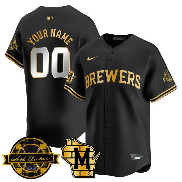 Custom NameNumber Milwaukee Brewers 2025 Limited Gold Jersey black.webp