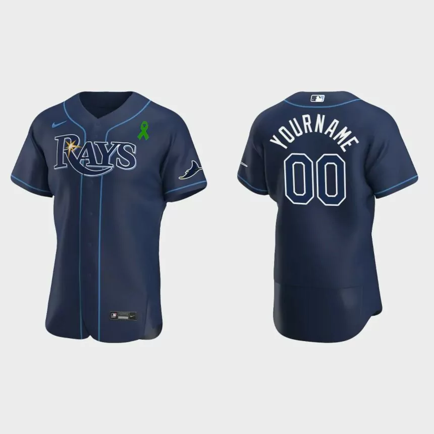 Custom Tampa Bay Rays Green Ribbon Authentic Alternate Jersey – Navy
