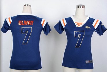 Denver Broncos 7 john elway Womens Draft Him Shimmer V-Neck T-Shirt - Navy Blue