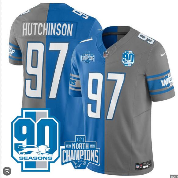Detroit Lions #97 Aidan Hutchinson BlueGrey Split Jersey