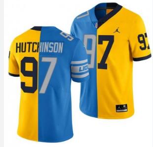Detroit Lions & Michigan Wolverines #97 Aidan Hutchinson Blue Gold Split Stitched Football Jersey