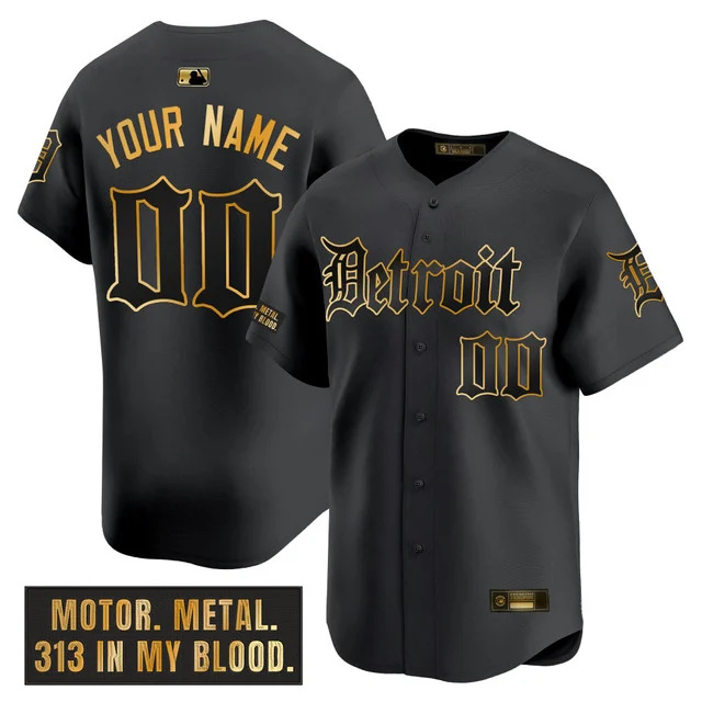Detroit Tigers 'Motor Gothic Edition' Gold Vapor Premier Limited Custom Jersey - All Stitched men black gold custom