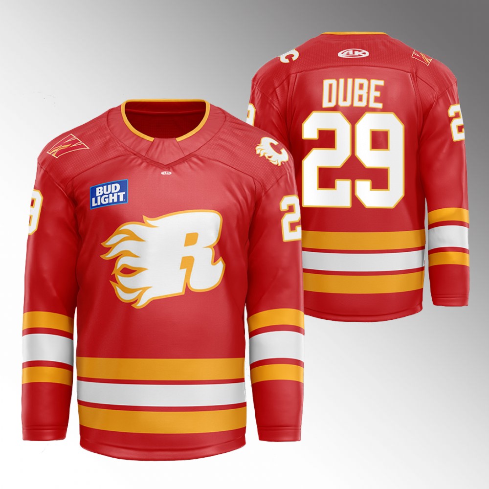 Dillon Dube Flames Flames X Rush X CGY Wranglers Jersey Red Warmup
