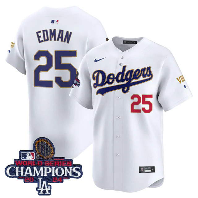 Dodgers 2024 World Series Champions Gold Trim Vapor Premier Limited Custom Jersey #25 EDMAN.webp