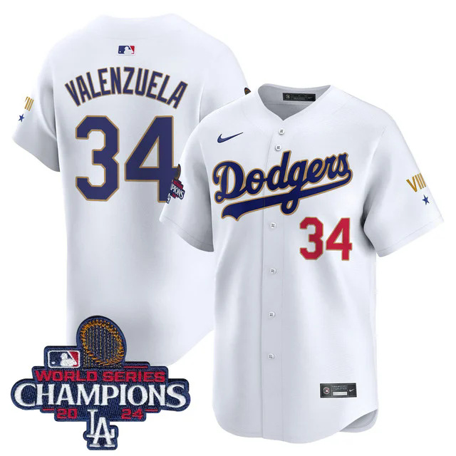 Dodgers 2024 World Series Champions Gold Trim Vapor Premier Limited Custom Jersey #34 VALENZUELA.webp