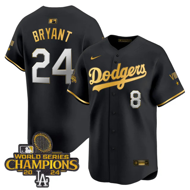 Dodgers 2024 World Series Champions Gold Trim Vapor Premier Limited Custom Jersey BLACK #24 BRYANT.webp