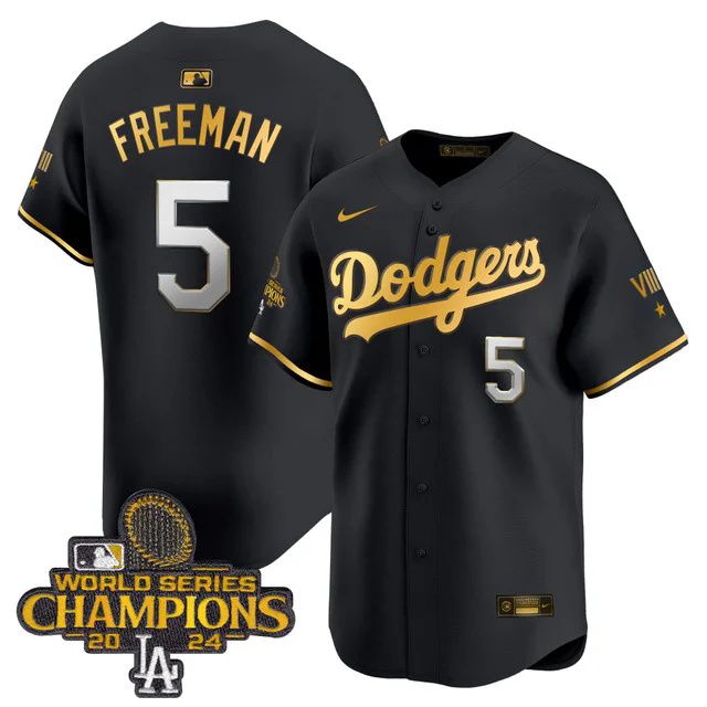 Dodgers 2024 World Series Champions Gold Trim Vapor Premier Limited Custom Jersey BLACK #5 FREEMAN.webp