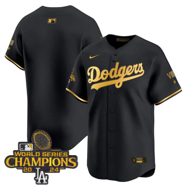 Dodgers 2024 World Series Champions Gold Trim Vapor Premier Limited Custom Jersey BLACK BLANK.webp