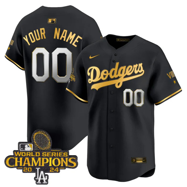 Dodgers 2024 World Series Champions Gold Trim Vapor Premier Limited Custom Jersey BLACK.webp