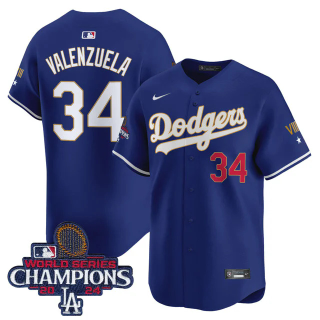 Dodgers 2024 World Series Champions Gold Trim Vapor Premier Limited Custom Jersey NAVY #34 VALENZUELA.webp