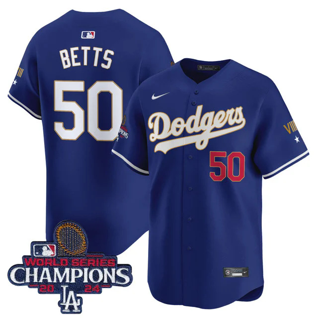 Dodgers 2024 World Series Champions Gold Trim Vapor Premier Limited Custom Jersey NAVY #50 BETTS.webp