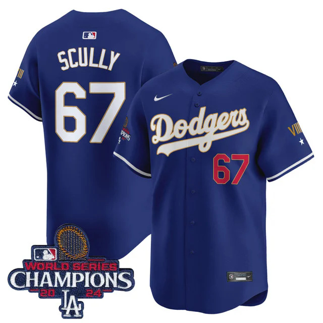 Dodgers 2024 World Series Champions Gold Trim Vapor Premier Limited Custom Jersey NAVY #67 SCULLY.webp