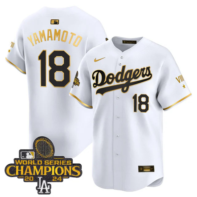 Dodgers 2024 World Series Champions Gold Trim Vapor Premier Limited Custom Jersey WHITE #18 YAMAMOTO.webp