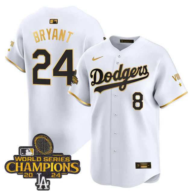 Dodgers 2024 World Series Champions Gold Trim Vapor Premier Limited Custom Jersey WHITE #24 BRYANT.webp
