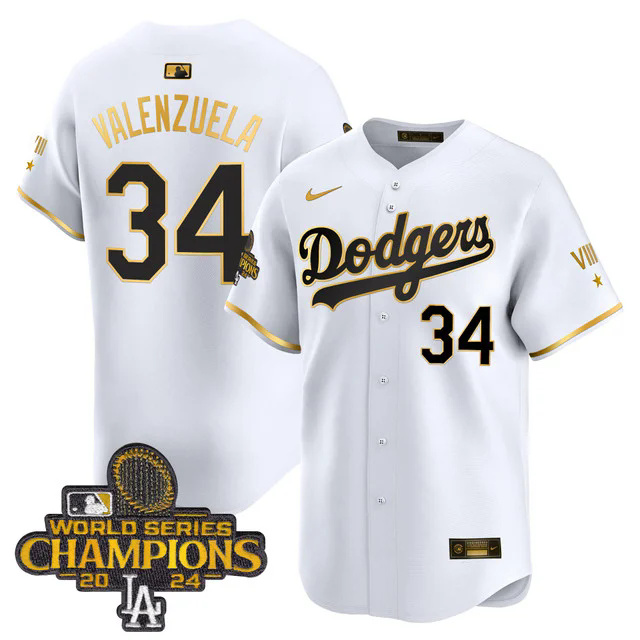 Dodgers 2024 World Series Champions Gold Trim Vapor Premier Limited Custom Jersey WHITE #34 VALENZUELA.webp