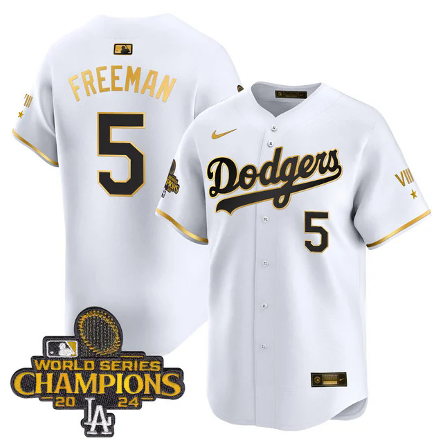 Dodgers 2024 World Series Champions Gold Trim Vapor Premier Limited Custom Jersey WHITE #5 FREEMAN.webp
