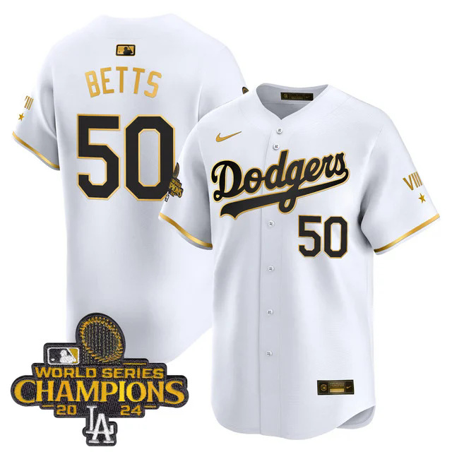 Dodgers 2024 World Series Champions Gold Trim Vapor Premier Limited Custom Jersey WHITE #50 BETTS.webp