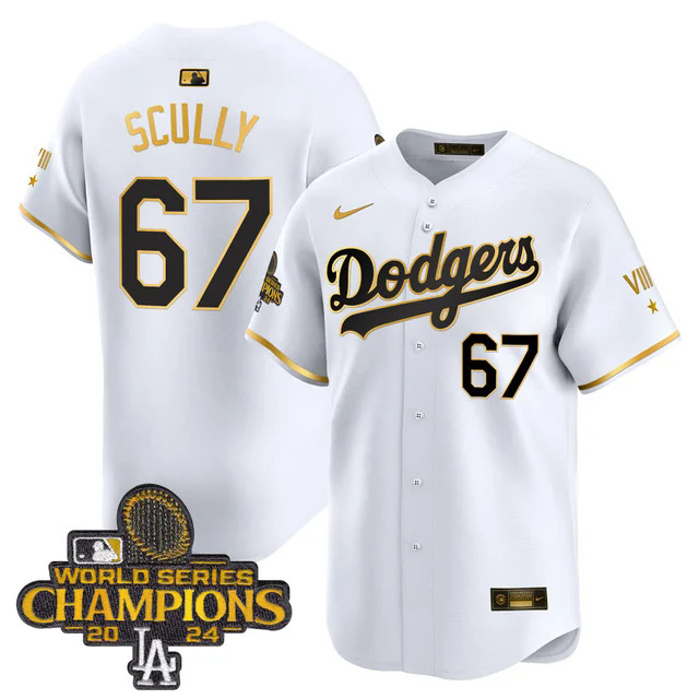 Dodgers 2024 World Series Champions Gold Trim Vapor Premier Limited Custom Jersey WHITE #67 SCULLY.webp