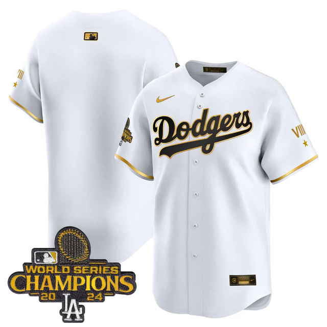Dodgers 2024 World Series Champions Gold Trim Vapor Premier Limited Custom Jersey WHITE BLANK.webp