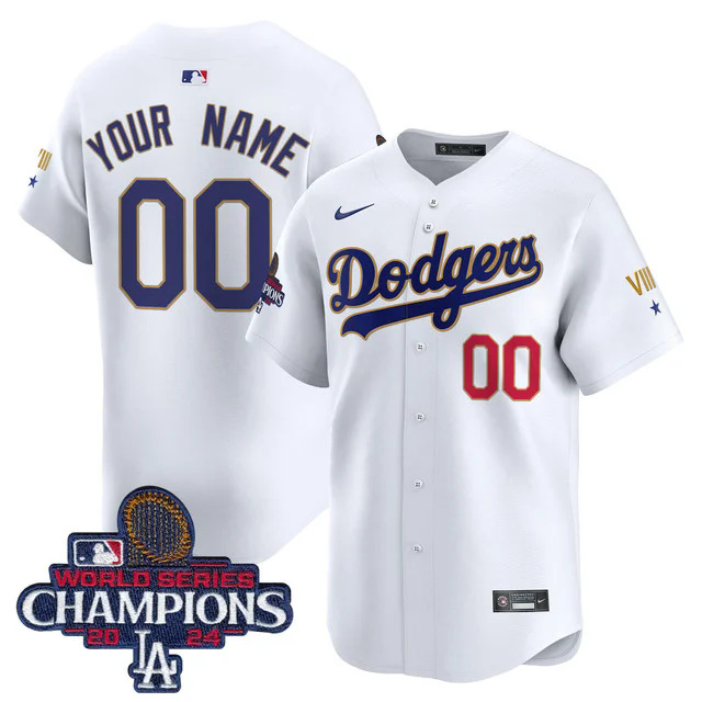 Dodgers 2024 World Series Champions Gold Trim Vapor Premier Limited Custom Jersey WHITE.webp