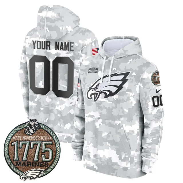 Eagles 2024 Salute to Service Establishment Year Patch Custom Fleece Pullover Hoodie MARINES