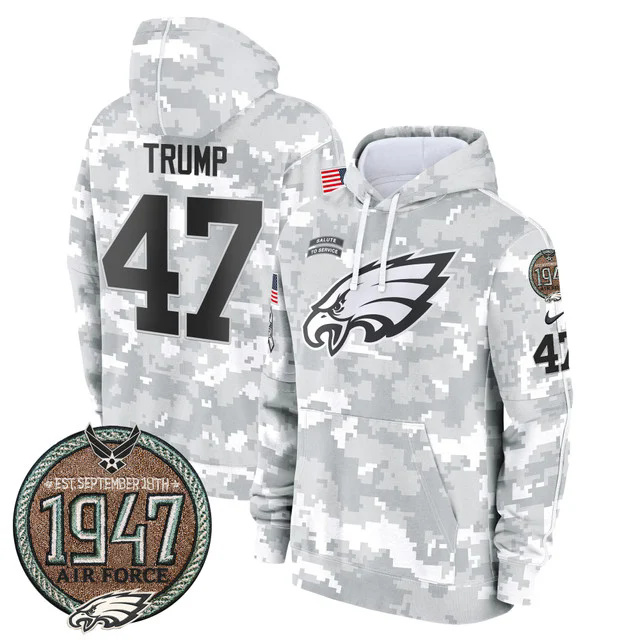 Eagles 2024 Salute to Service Establishment Year Patch Fleece Pullover Hoodie AIR FORCE #47 TRUMP.webp