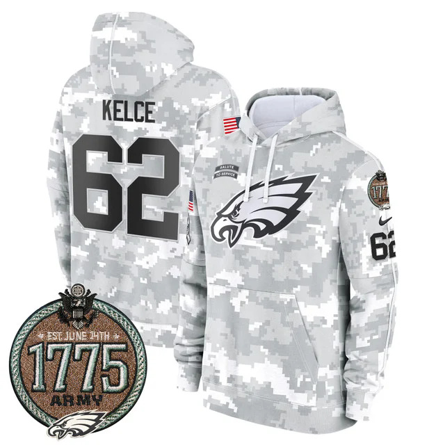 Eagles 2024 Salute to Service Establishment Year Patch Fleece Pullover Hoodie ARMY #62 KELCE.webp
