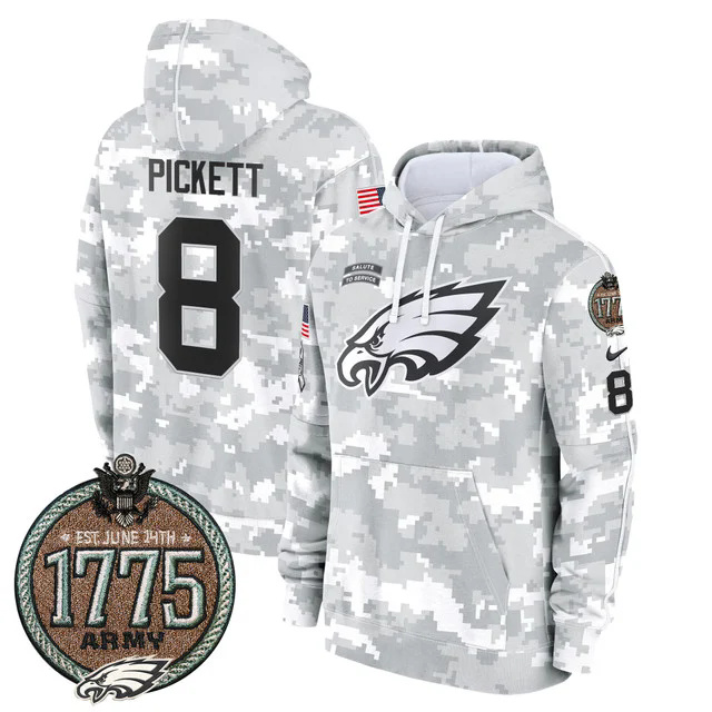 Eagles 2024 Salute to Service Establishment Year Patch Fleece Pullover Hoodie ARMY #8 PICKETT.webp