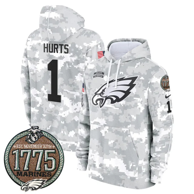 Eagles 2024 Salute to Service Establishment Year Patch Fleece Pullover Hoodie MARINES #1 HURTS.webp