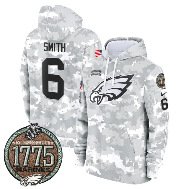 Eagles 2024 Salute to Service Establishment Year Patch Fleece Pullover Hoodie MARINES #6 SMITH.webp
