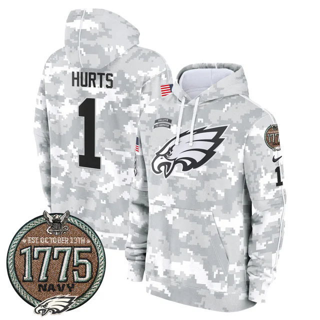 Eagles 2024 Salute to Service Establishment Year Patch Fleece Pullover Hoodie NAVY #1 HURTS.webp