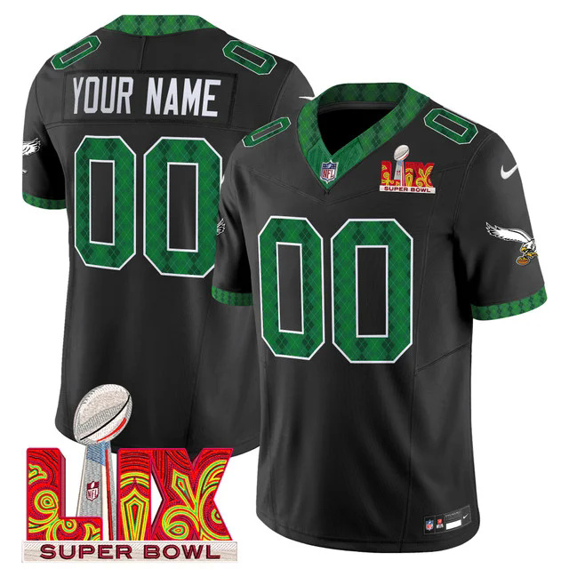 Eagles Kelly Green St. Patrick's Day Super Bowl LIX Patch Vapor Limited Custom Jersey BLACK.webp