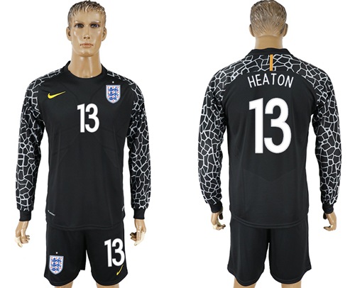 England #13 Heaton Black Long Sleeves Goalkeeper Soccer Country Jersey