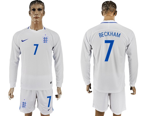 England #7 Beckham Home Long Sleeves Soccer Country Jersey