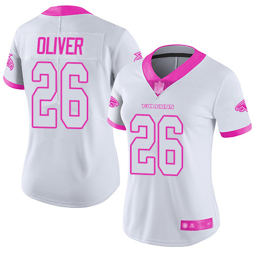 Falcons #26 Isaiah Oliver White Pink Women's Stitched Football Limited Rush Fashion Jersey