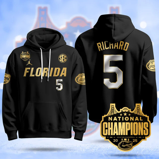 Florida Gators 2025 Basketball National Champions Baseball Hoodie BLACKGOLD #5 WILL RICHARD.webp