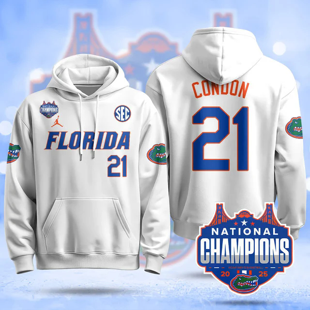 Florida Gators 2025 Basketball National Champions Baseball Hoodie WHITE #21 ALEX CONDON.webp