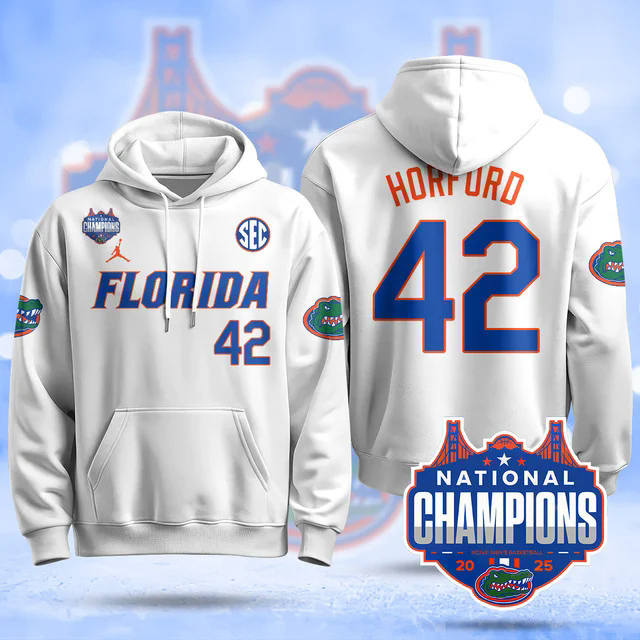 Florida Gators 2025 Basketball National Champions Baseball Hoodie WHITE #42 AL HORFORD.webp