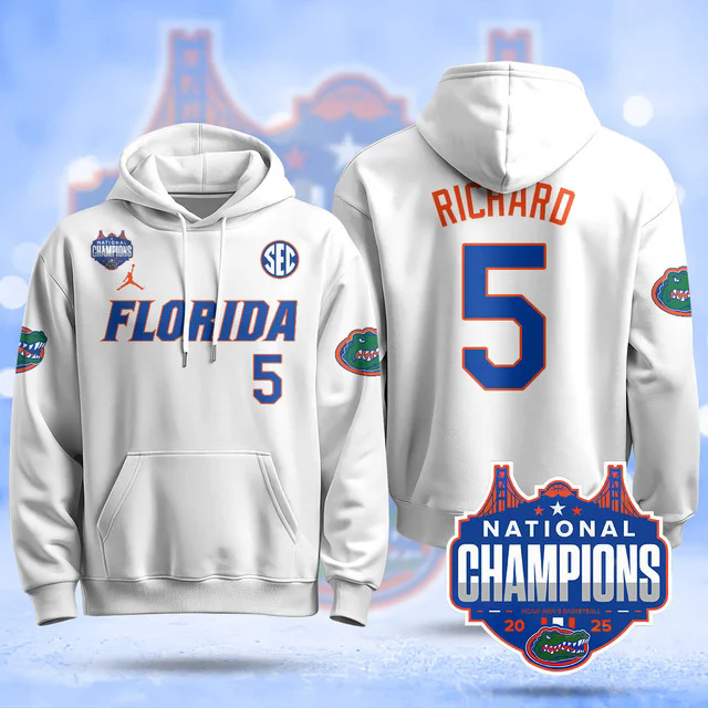 Florida Gators 2025 Basketball National Champions Baseball Hoodie WHITE #5 WILL RICHARD.webp