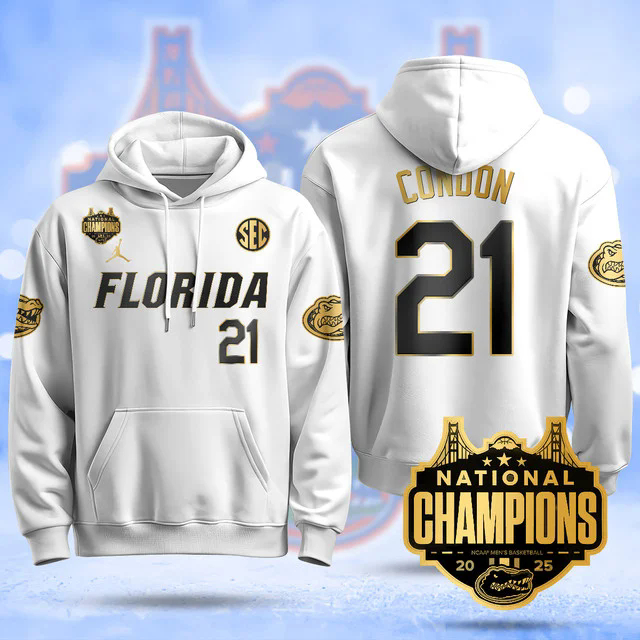 Florida Gators 2025 Basketball National Champions Baseball Hoodie WHITEGOLD #21 ALEX CONDON.webp