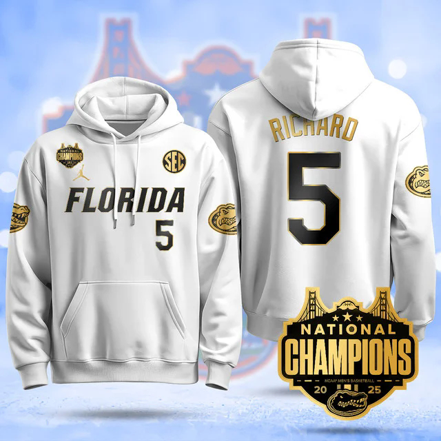 Florida Gators 2025 Basketball National Champions Baseball Hoodie WHITEGOLD #5 WILL RICHARD.webp
