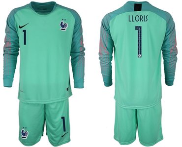 France #1 LLORIS Green Goalkeeper Long Sleeves Soccer Country Jersey
