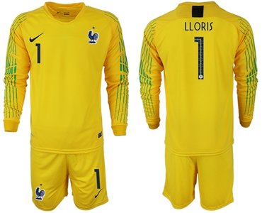 France #1 LLORIS Yellow Goalkeeper Long Sleeves Soccer Country Jersey