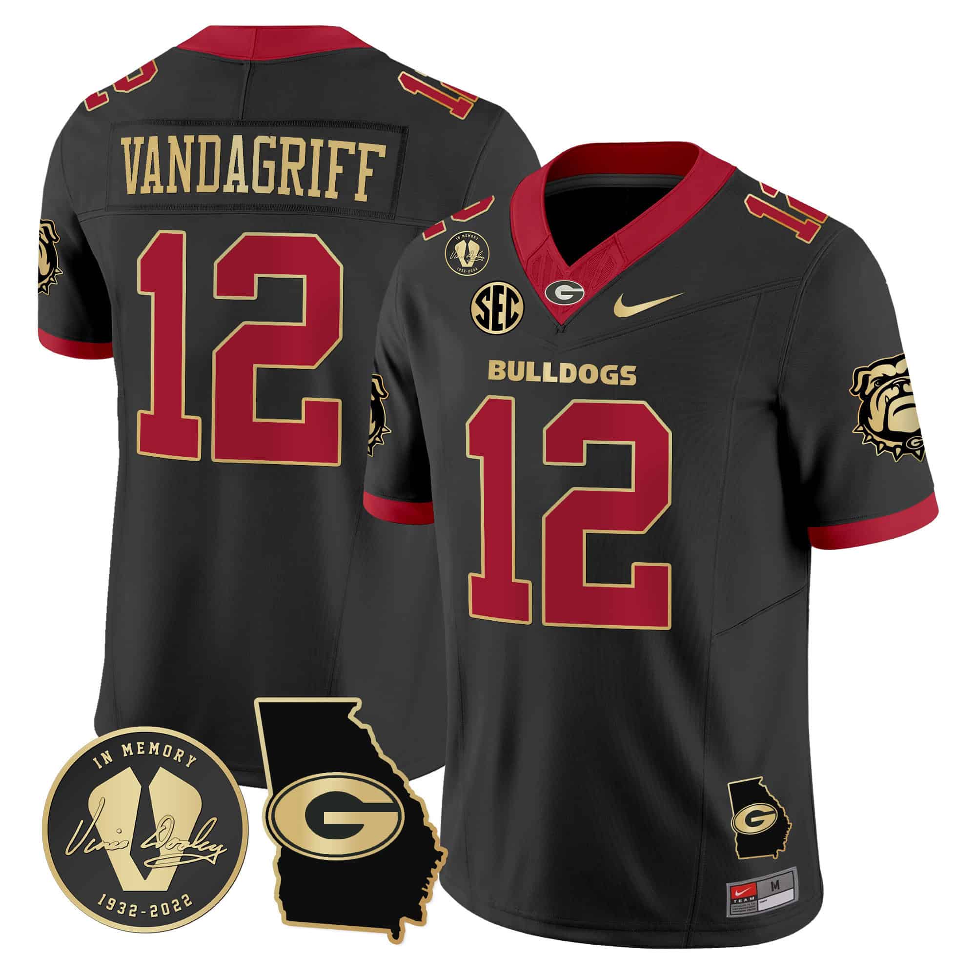 Georgia Bulldogs 2024 Vapor Football Jersey V5 – Georgia Map – All Stitched Black Gold Trim #12 Brock Vandagriff