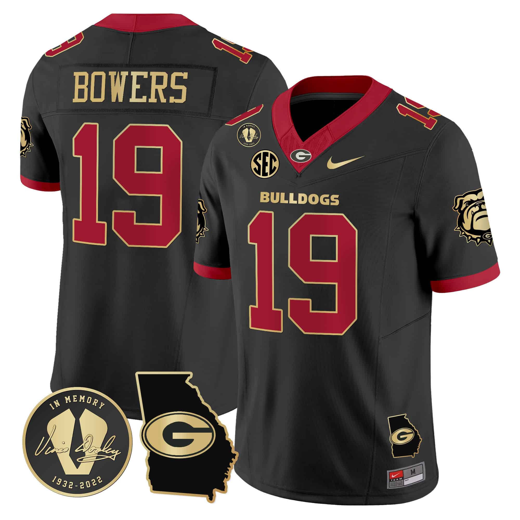 Georgia Bulldogs 2024 Vapor Football Jersey V5 – Georgia Map – All Stitched Black Gold Trim #19 Brock Bowers