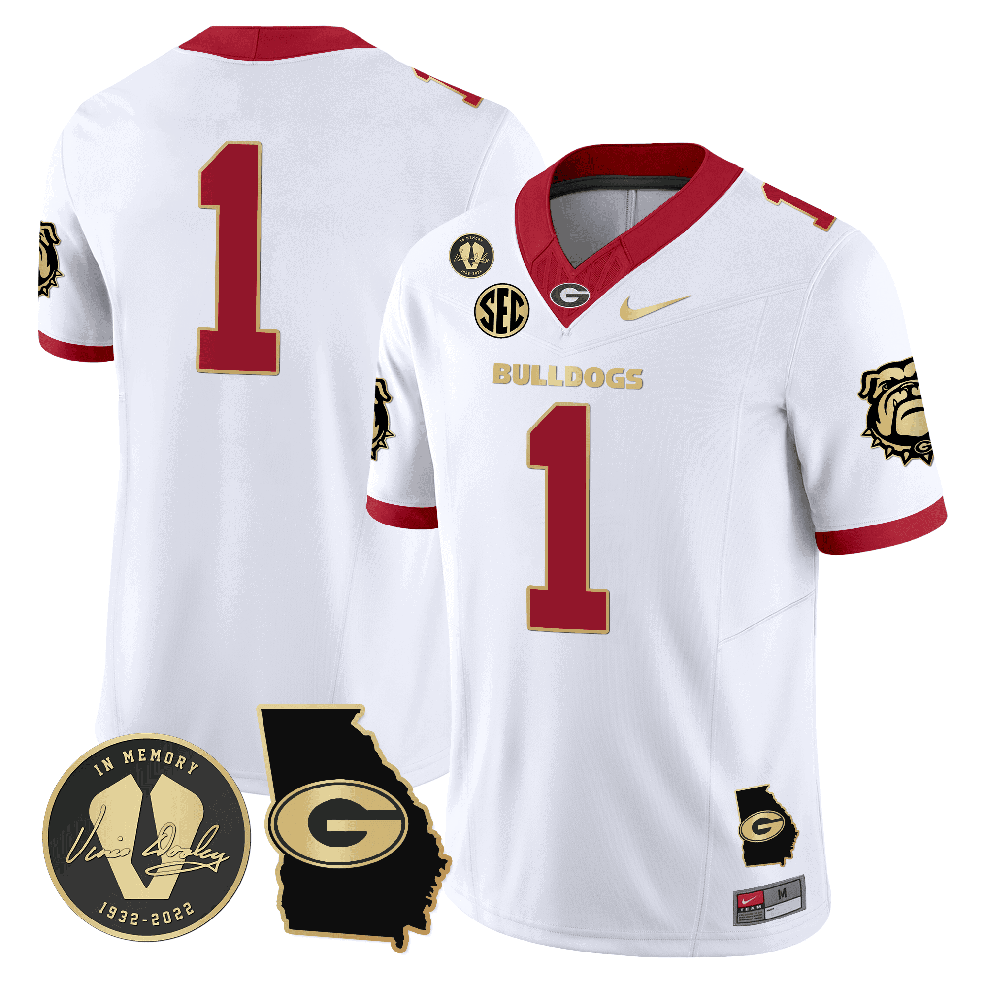Georgia Bulldogs 2024 Vapor Football Jersey V5 – Georgia Map – All Stitched White Gold Trim #1 no name