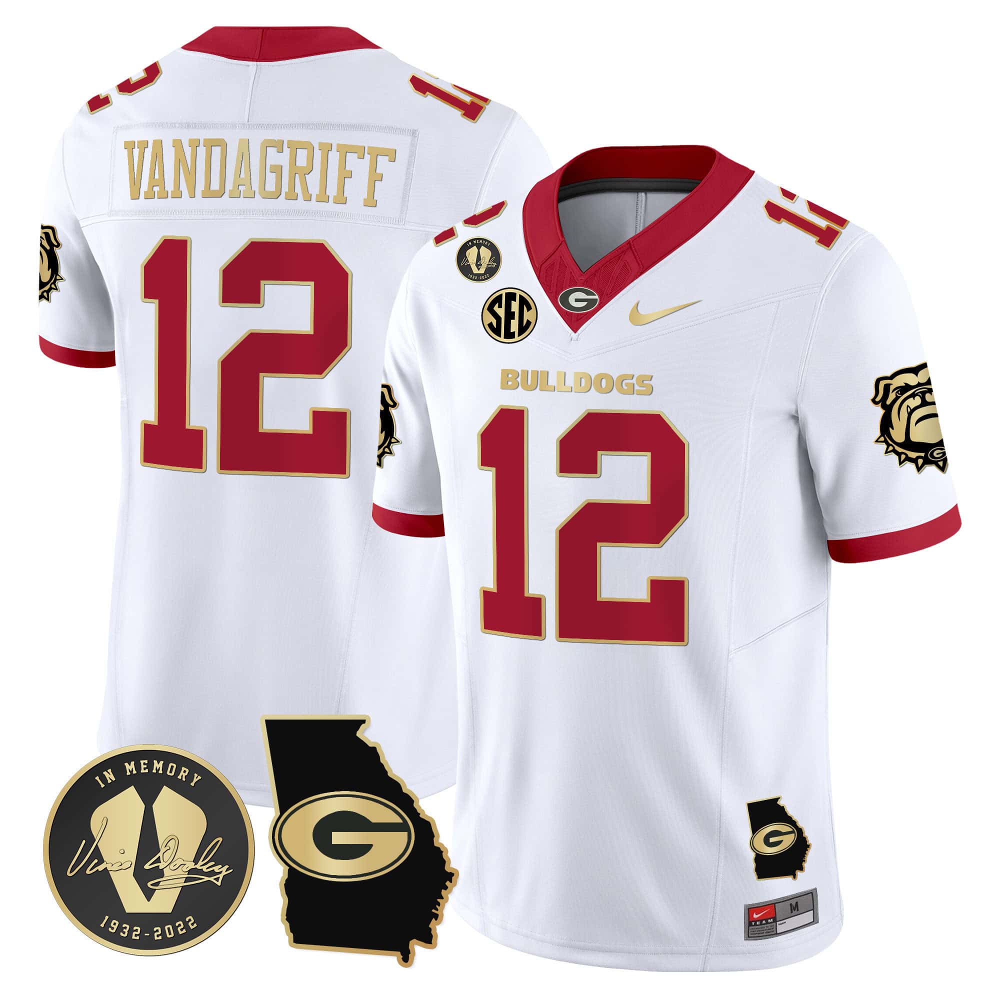 Georgia Bulldogs 2024 Vapor Football Jersey V5 – Georgia Map – All Stitched White Gold Trim #12 Brock Vandagriff