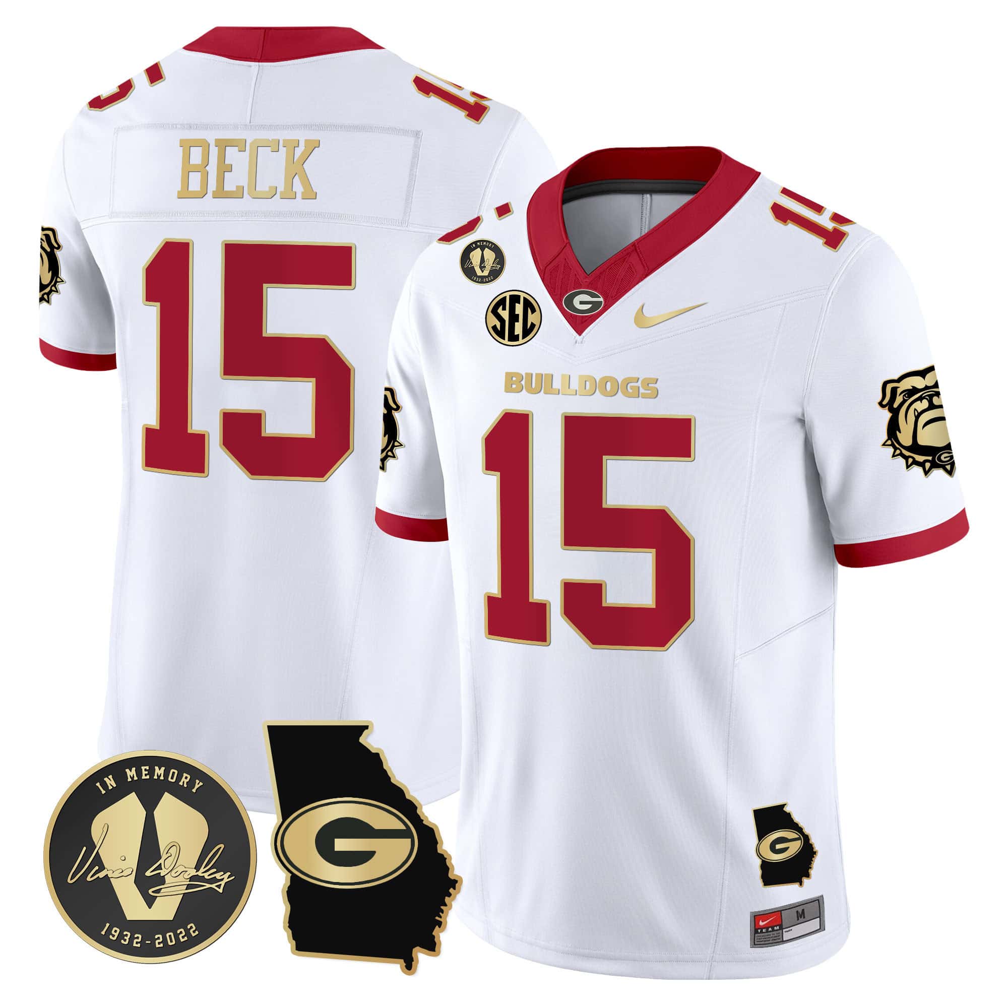 Georgia Bulldogs 2024 Vapor Football Jersey V5 – Georgia Map – All Stitched White Gold Trim #15 Carson Beck